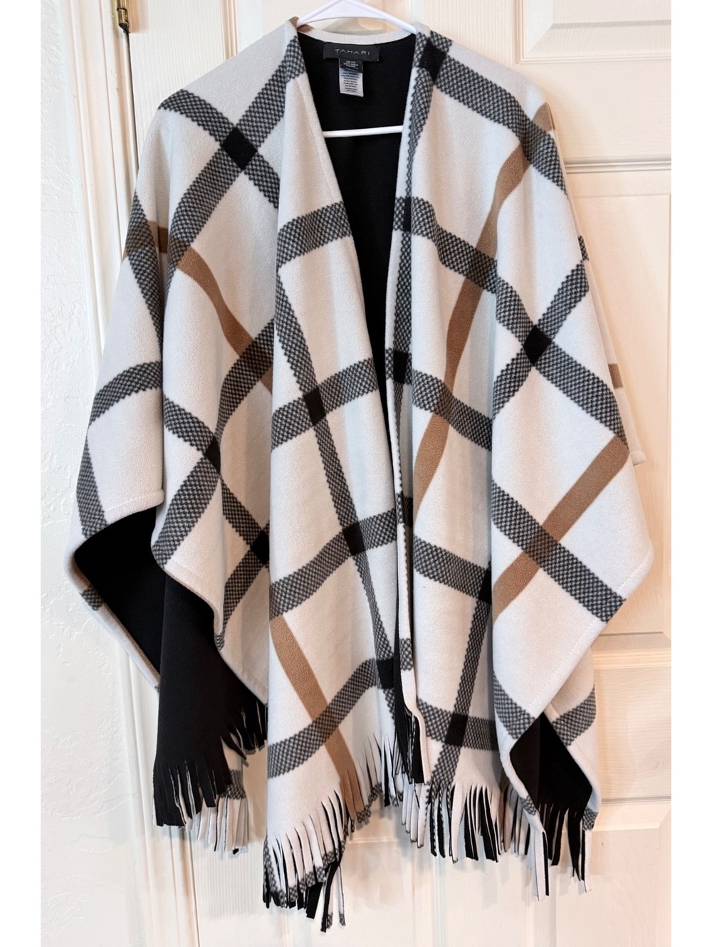 Tahari One Size Plaid Reversible Poncho Cape with Fringe, 100% Polyester